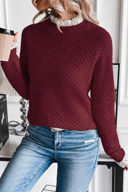 Burgundy Lace-Trim Raglan Sweater