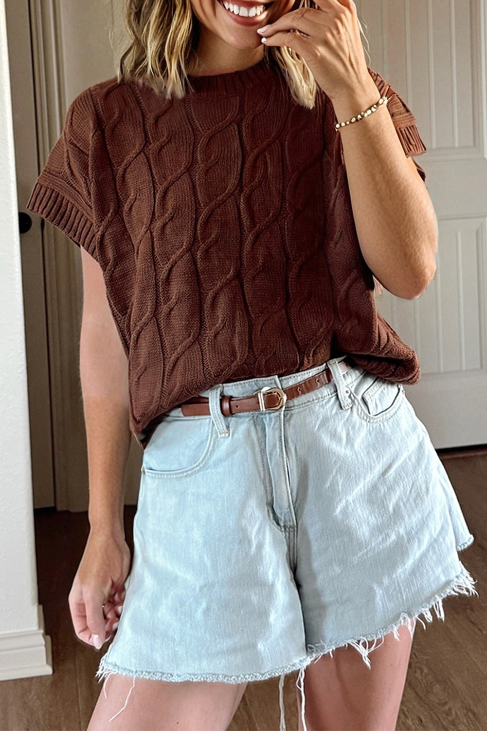 Dark Brown Cable-Knit Short-Sleeve Sweater