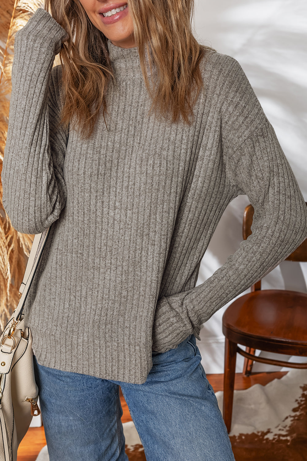 Gray Morn Ribbed High-Neck Knit Top