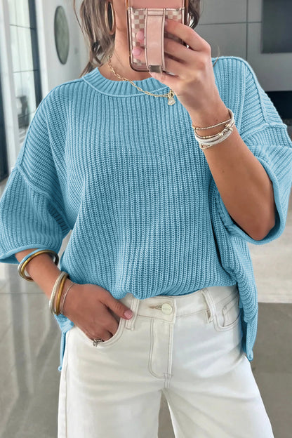 Mist Blue Exposed Seam Detail Half-Sleeve Loose Sweater