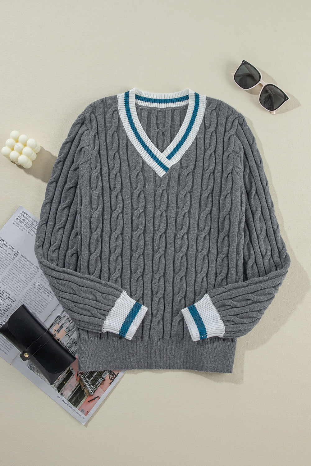 Medium Gray Contrast-Trim Cable-Knit V-Neck Sweater