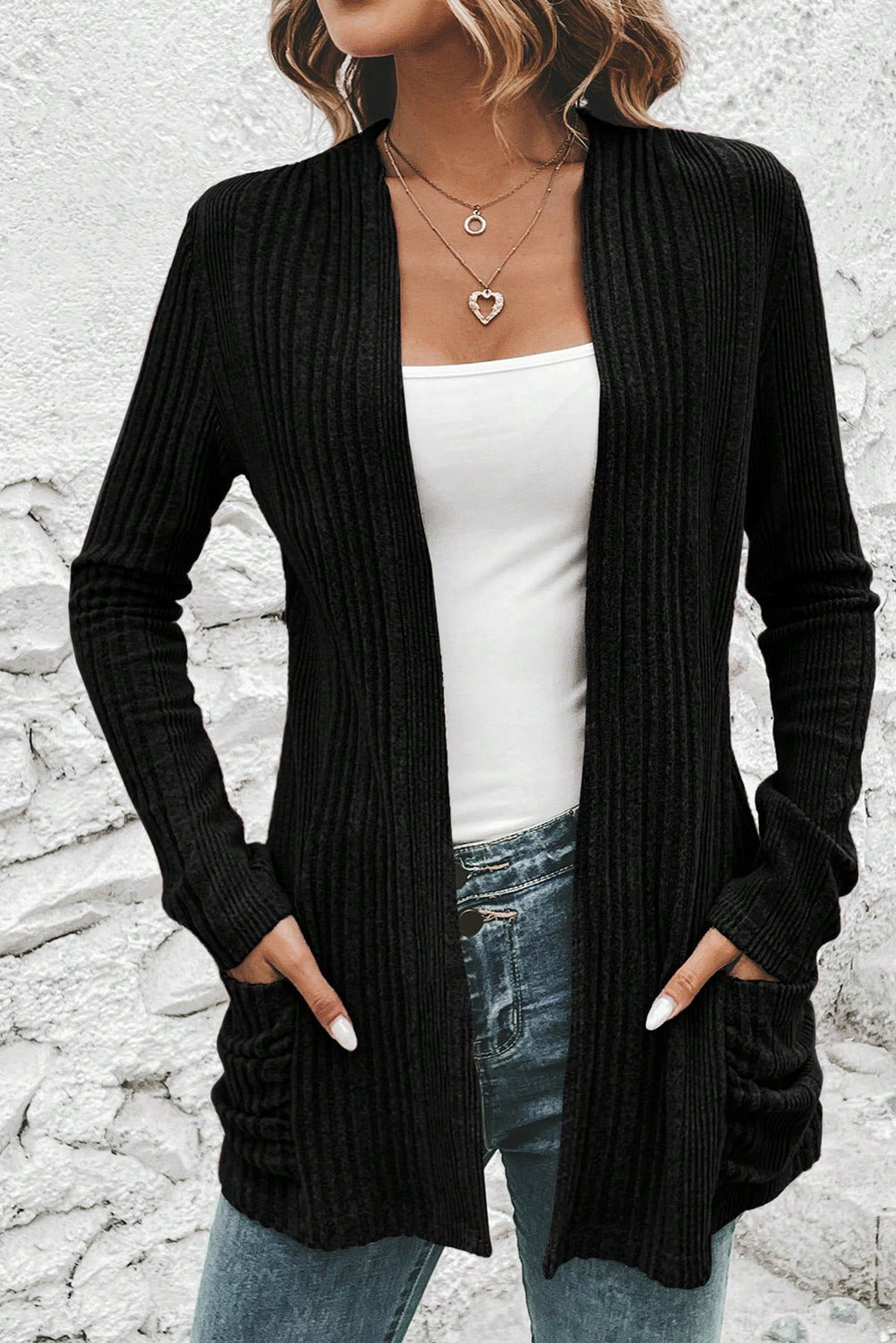 Stone Blue Ribbed Open-Front Cardigan