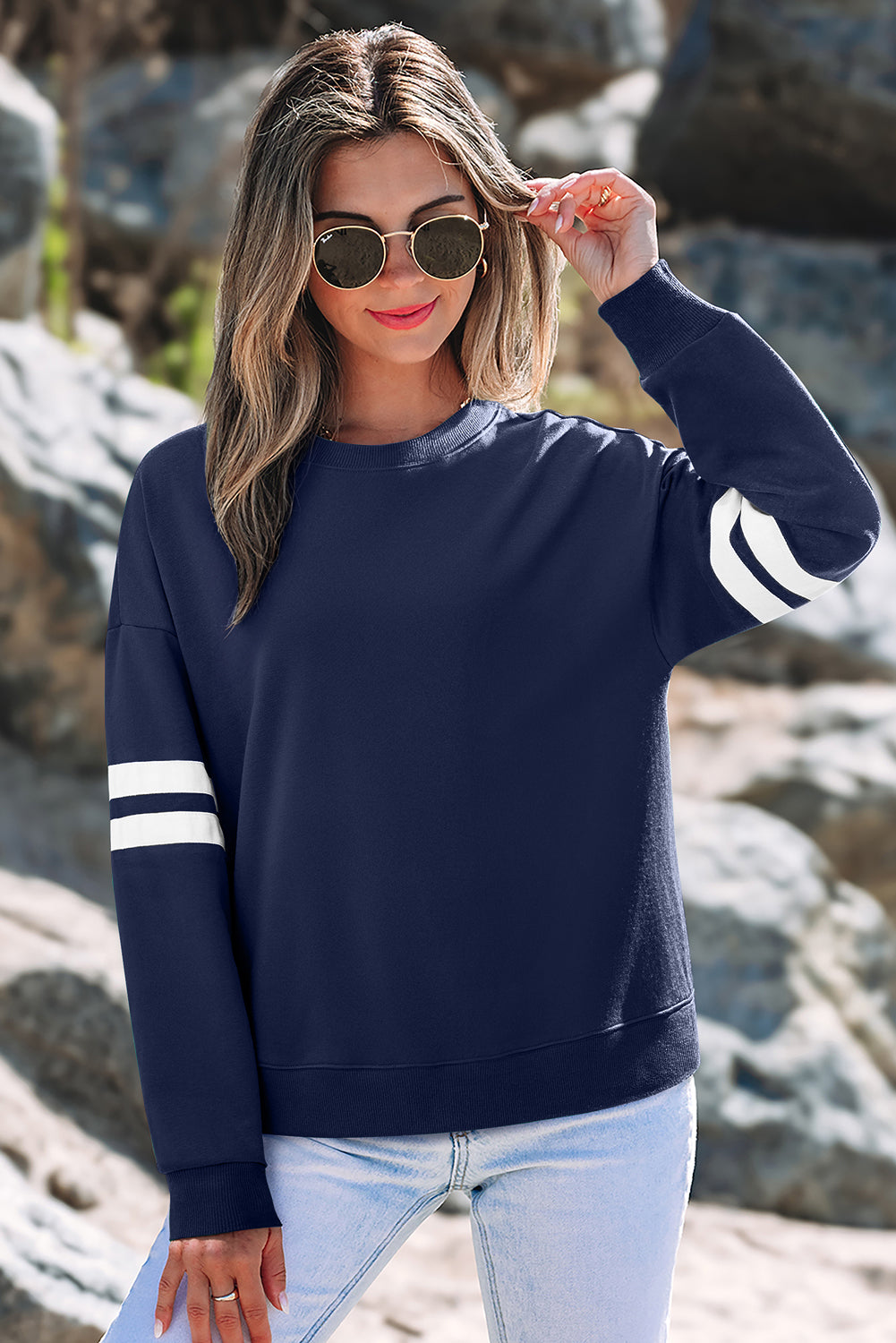 White Varsity Striped Detail Drop-Shoulder Oversized Sweatshirt