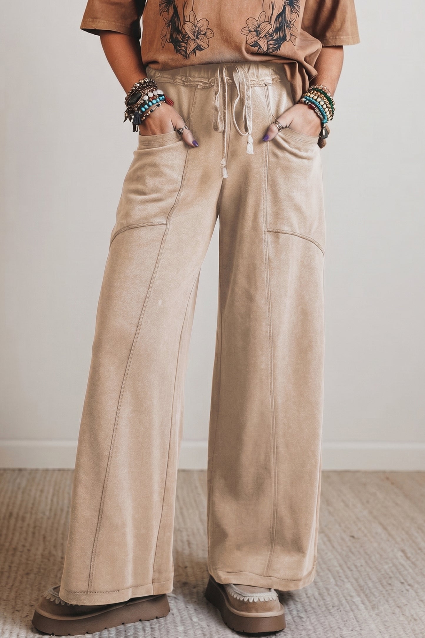 Smoke Gray Mineral Wash Drawstring Retro High-Waist Wide-Leg Pants
