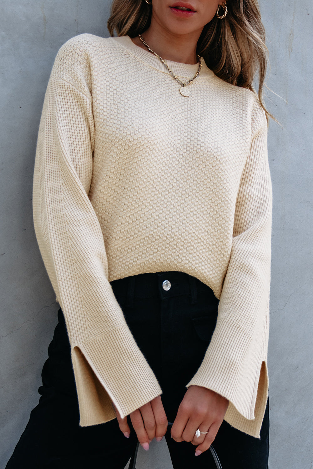 Parchment Split-Cuff Textured Knit Sweater