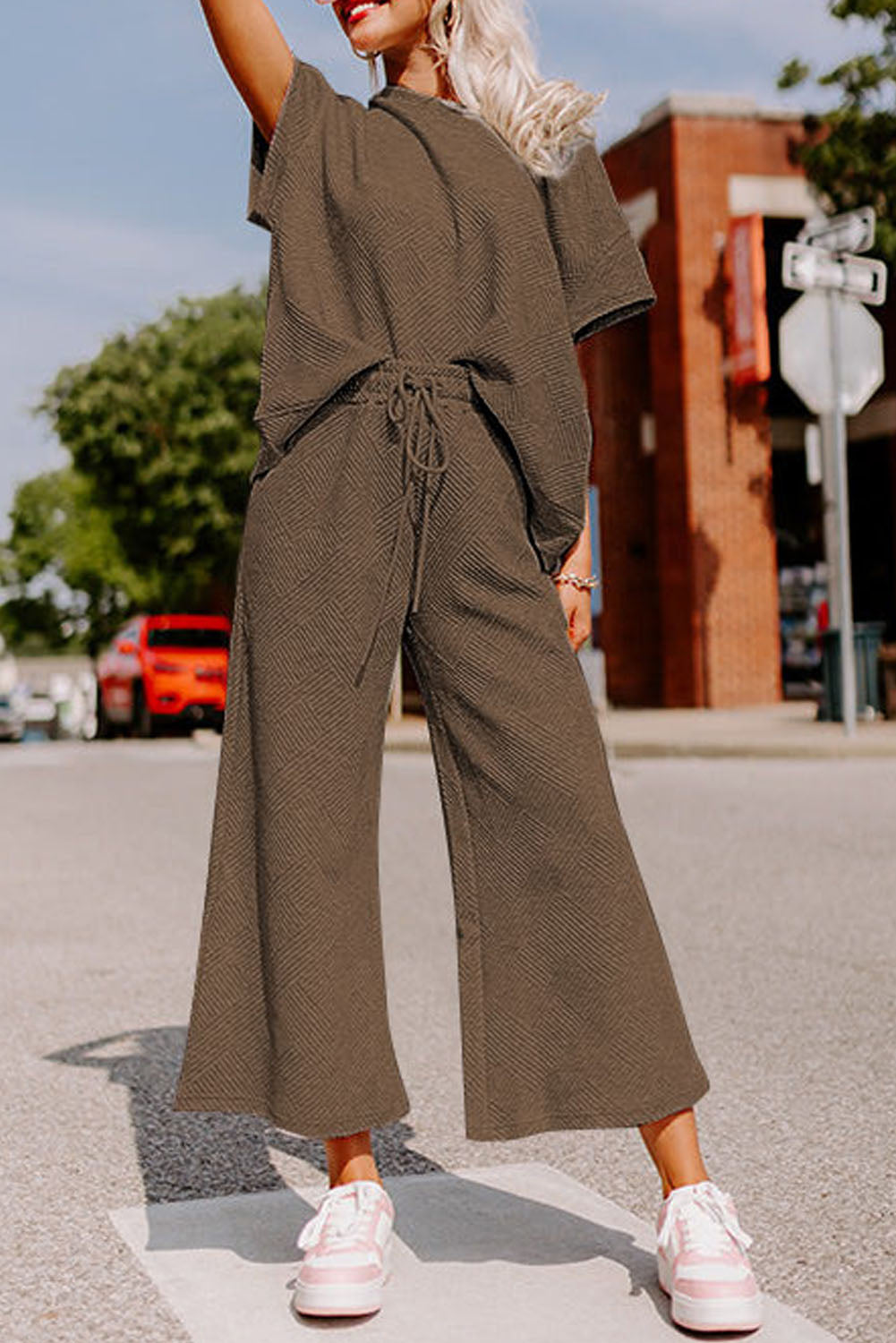 Gray Textured T-Shirt and Pants Set