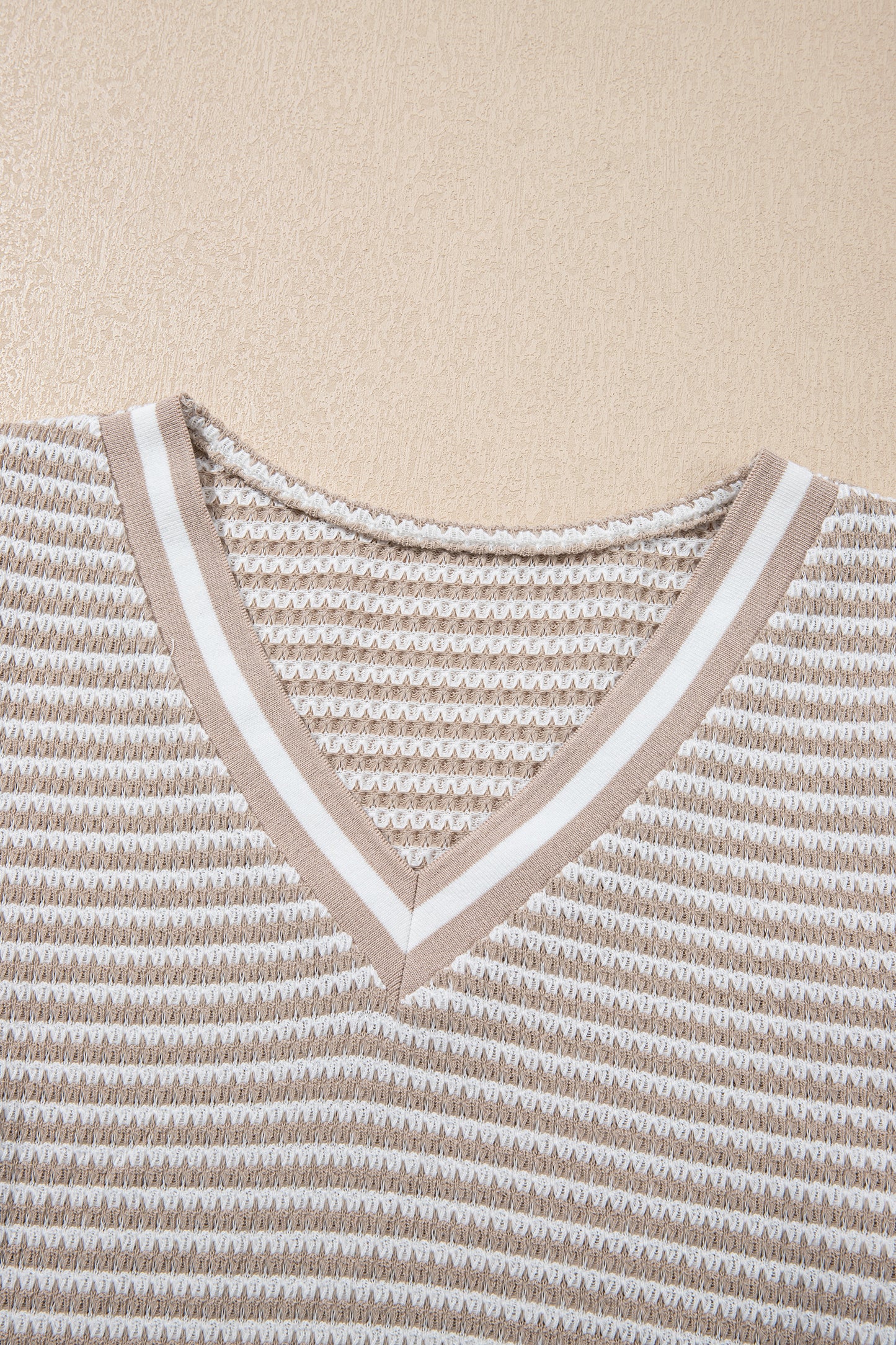 Beige Striped Textured V-Neck Knit Top