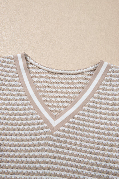 Beige Striped Textured V-Neck Knit Top