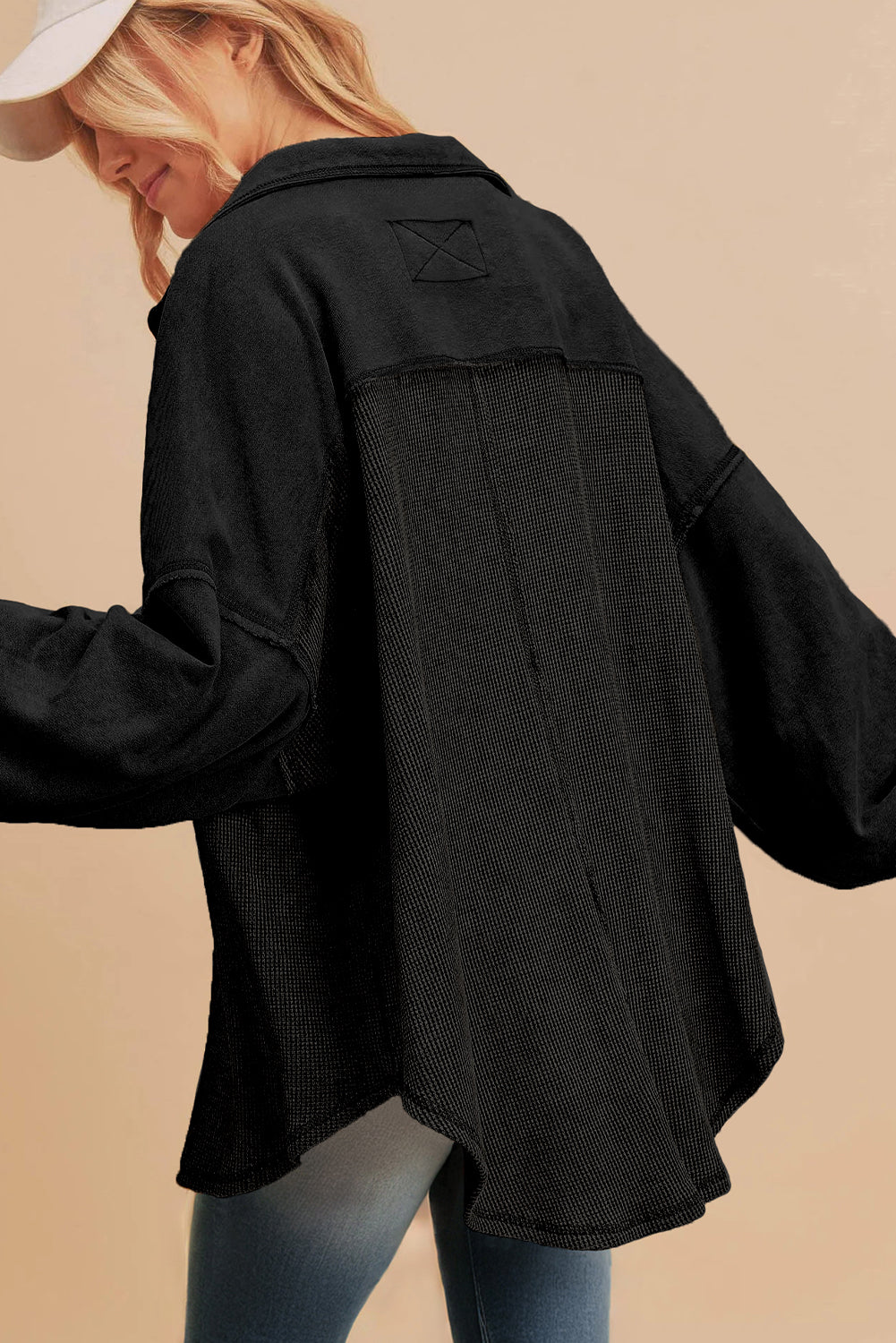 Black Waffle-Knit Oversized Shacket