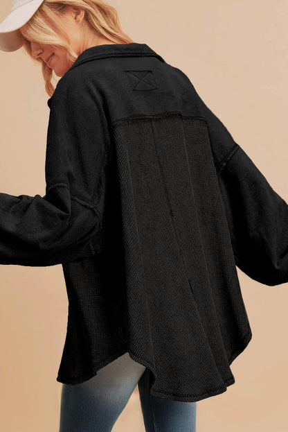 Black Waffle-Knit Oversized Shacket