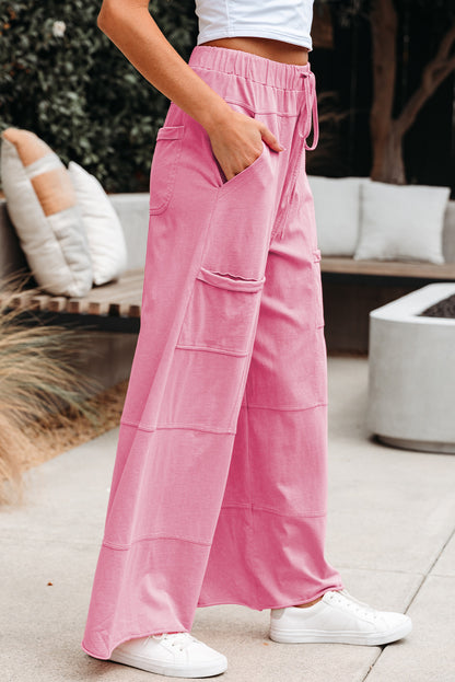 Bonbon Mineral Wash Exposed Seam Drawstring Elastic Waistband Wide-Leg Cargo Pants