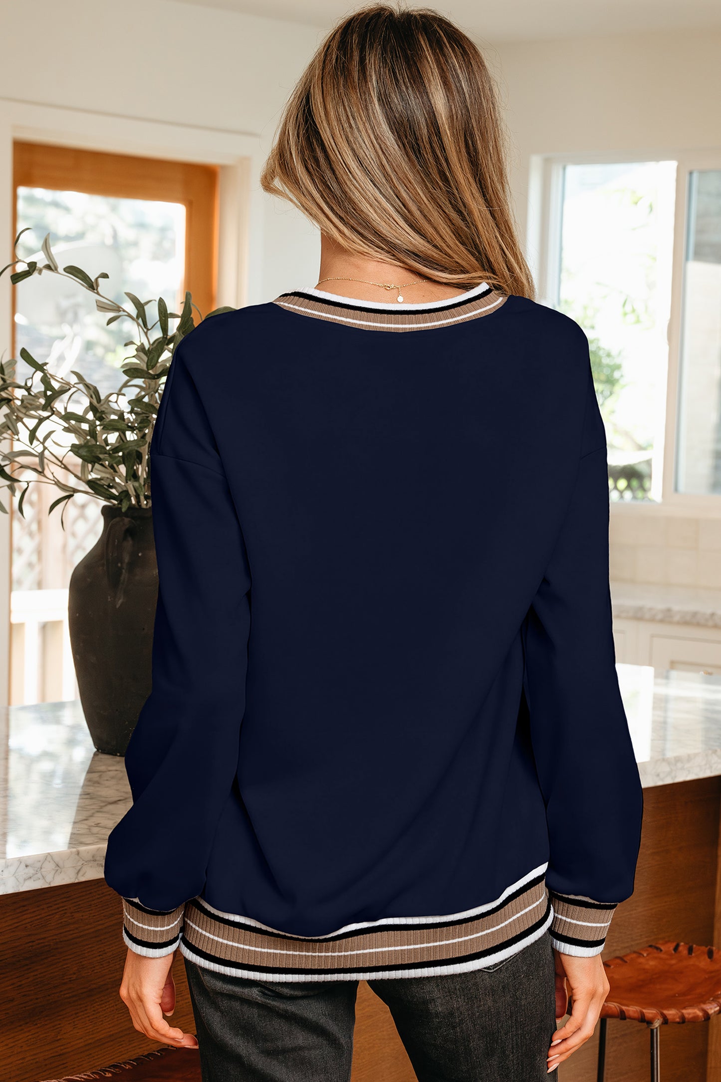 Navy Varsity Striped-Trim Sweatshirt