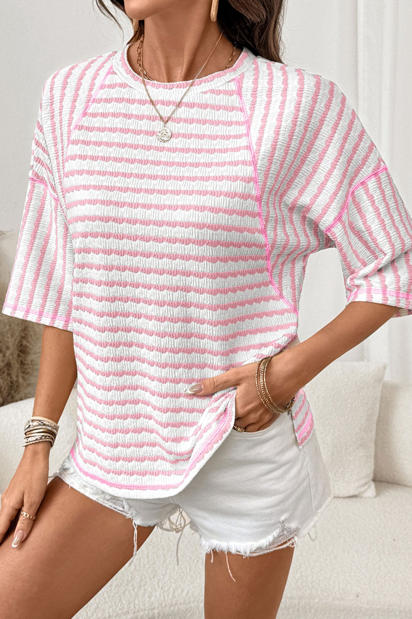 Pink Stripe Textured Knit Split Hem Half-Sleeve Loose Top