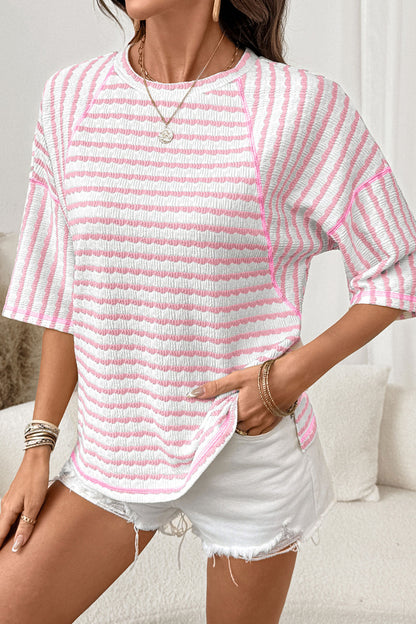 Pink Stripe Textured Knit Split Hem Half-Sleeve Loose Top