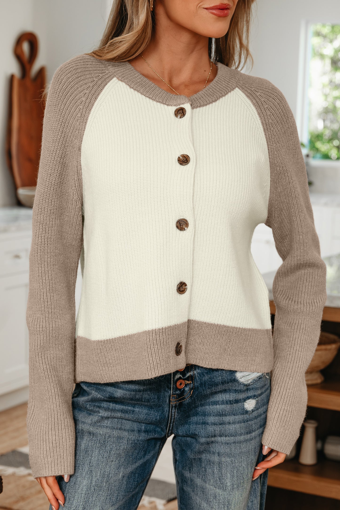 White Ribbed Color-Block Cardigan