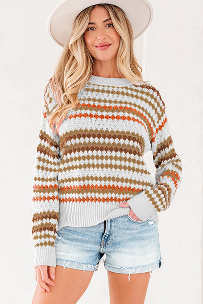 Brown Multicolor Striped Eyelet Sweater