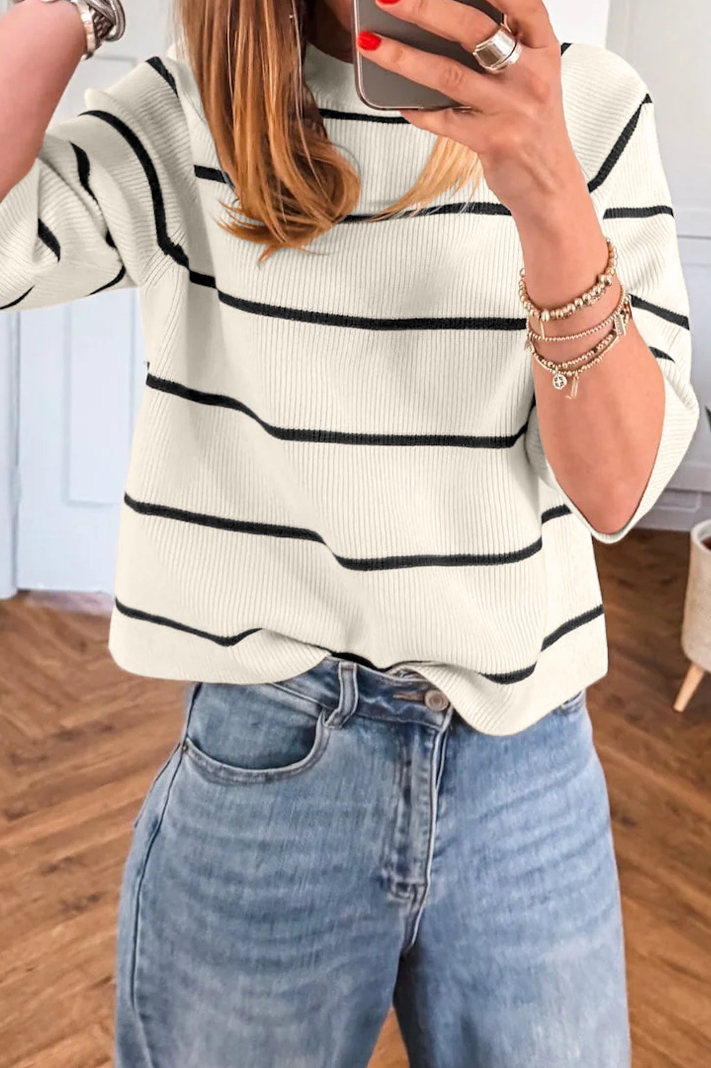White Stripe Ribbed Short-Sleeve Knit Top