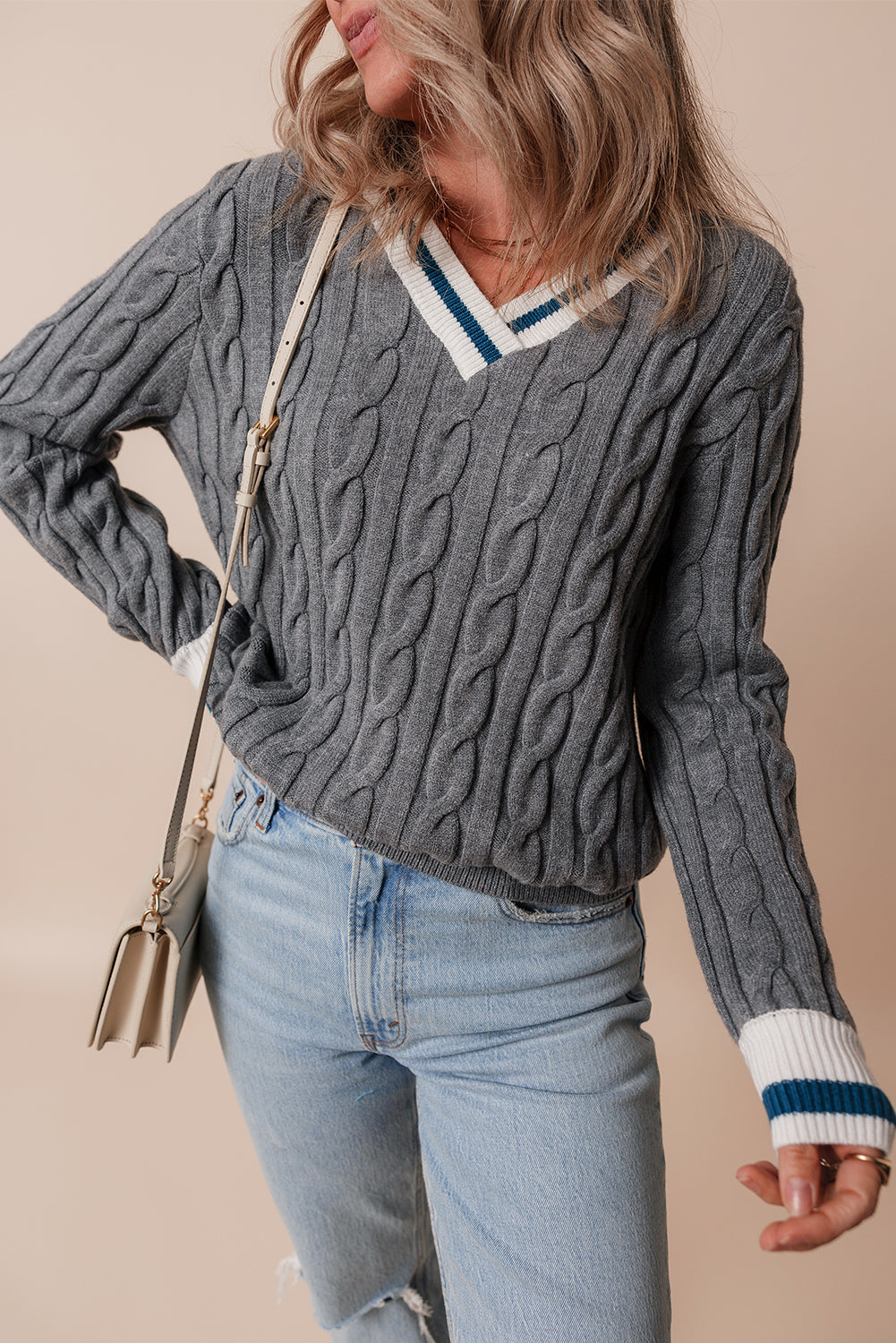 Medium Gray Contrast-Trim Cable-Knit V-Neck Sweater