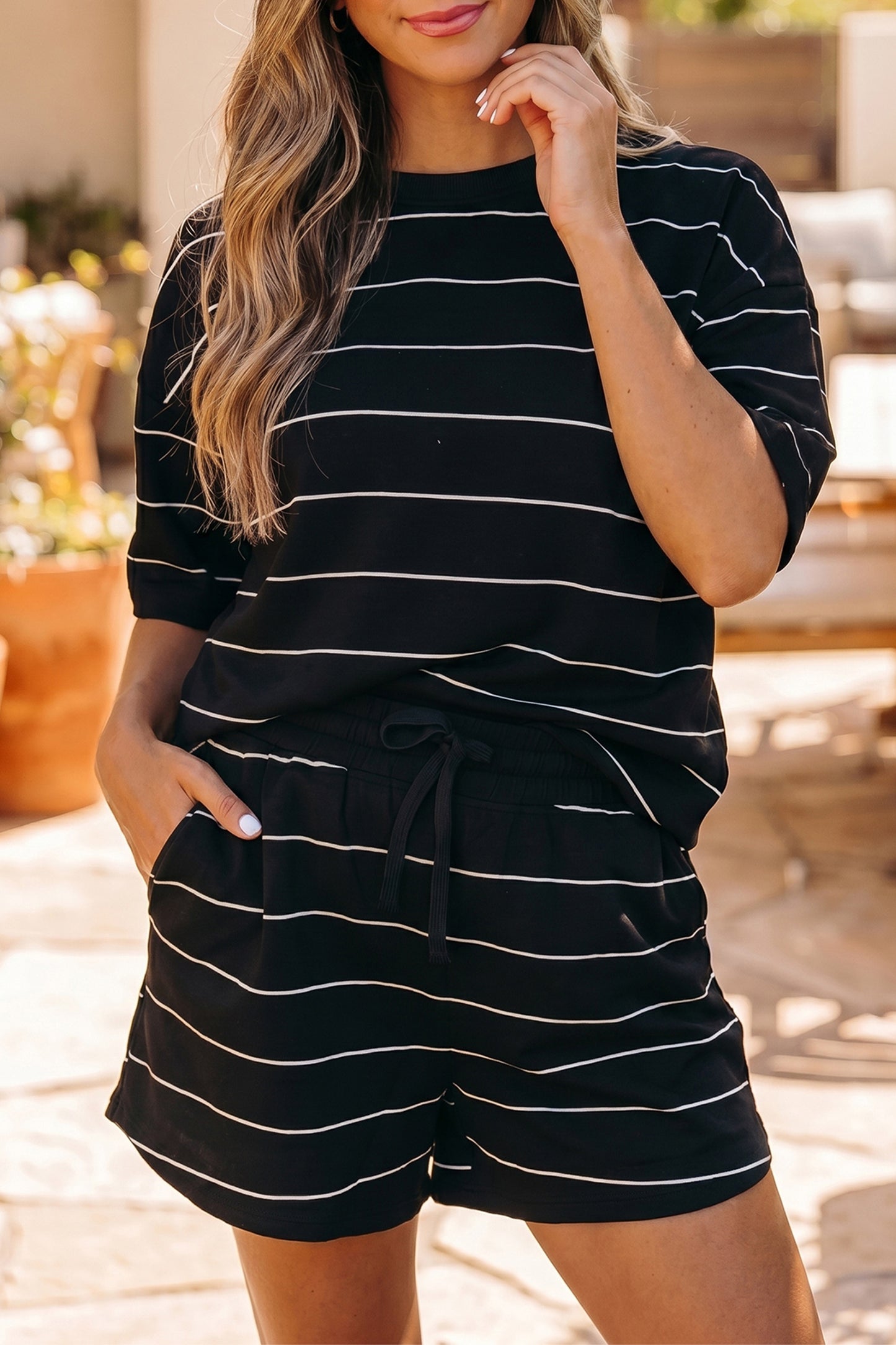 White Stripe Half-Sleeve Tee Drawstring Shorts Two-Piece Set
