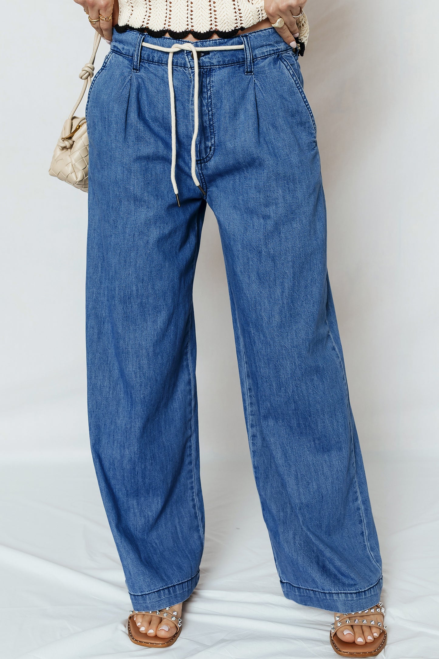 Dusk Blue Lace-Up Wide-Leg Jeans