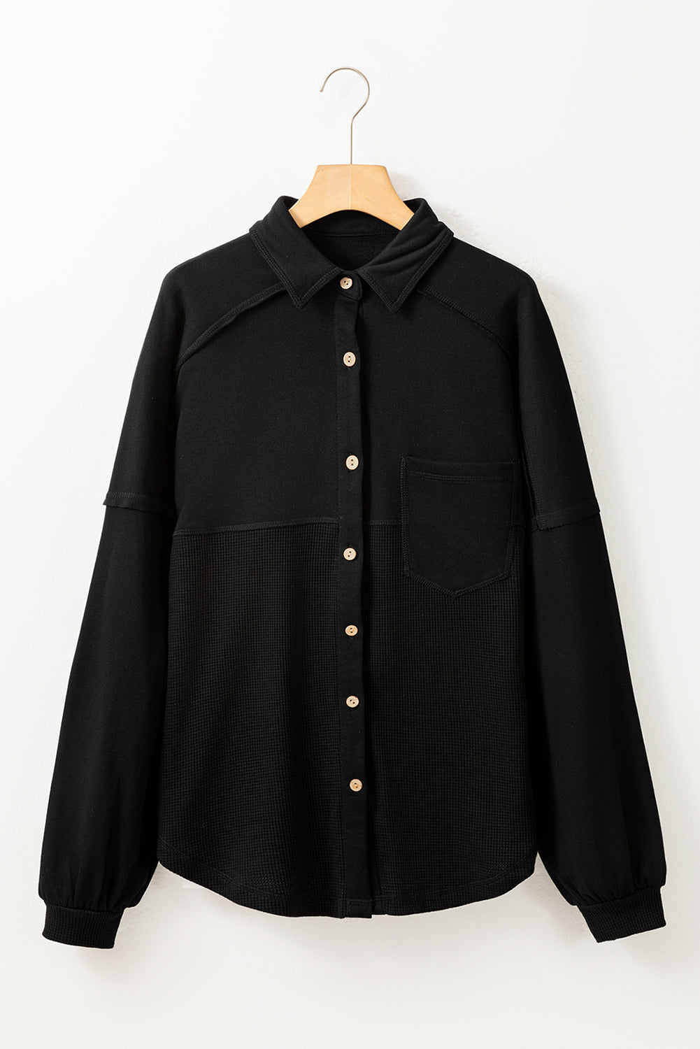 Black Waffle-Knit Oversized Shacket