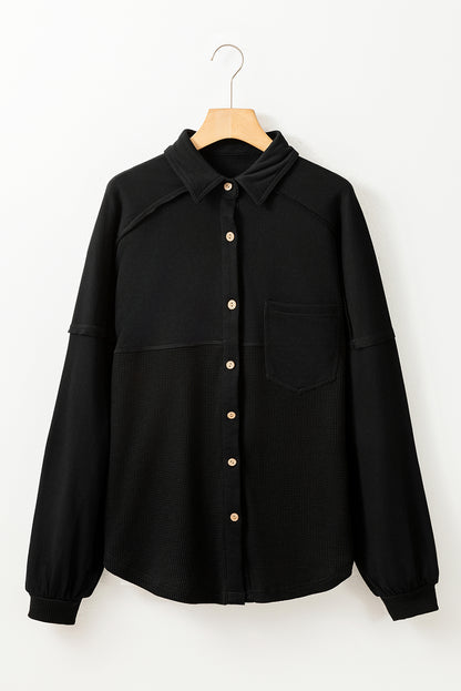 Black Waffle-Knit Oversized Shacket