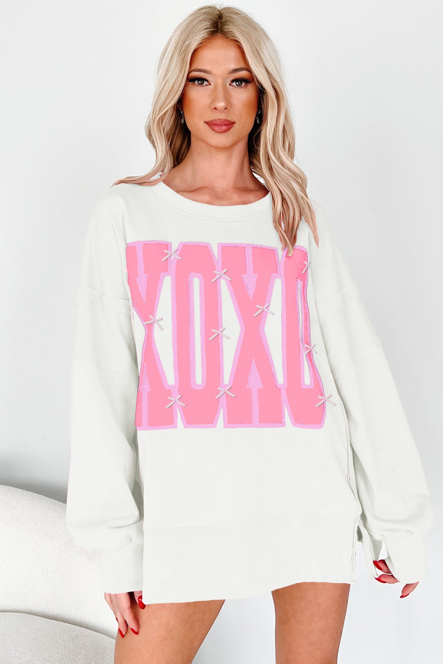 White XOXO Sequin Bow Graphic Sweatshirt