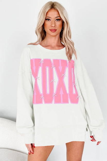 White XOXO Sequin Bow Graphic Sweatshirt