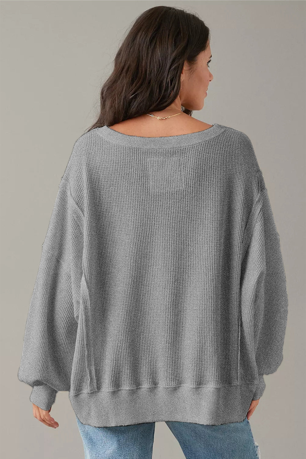 Gray Waffle-Knit Bishop-Sleeve Oversized Top