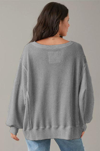 Gray Waffle-Knit Bishop-Sleeve Oversized Top
