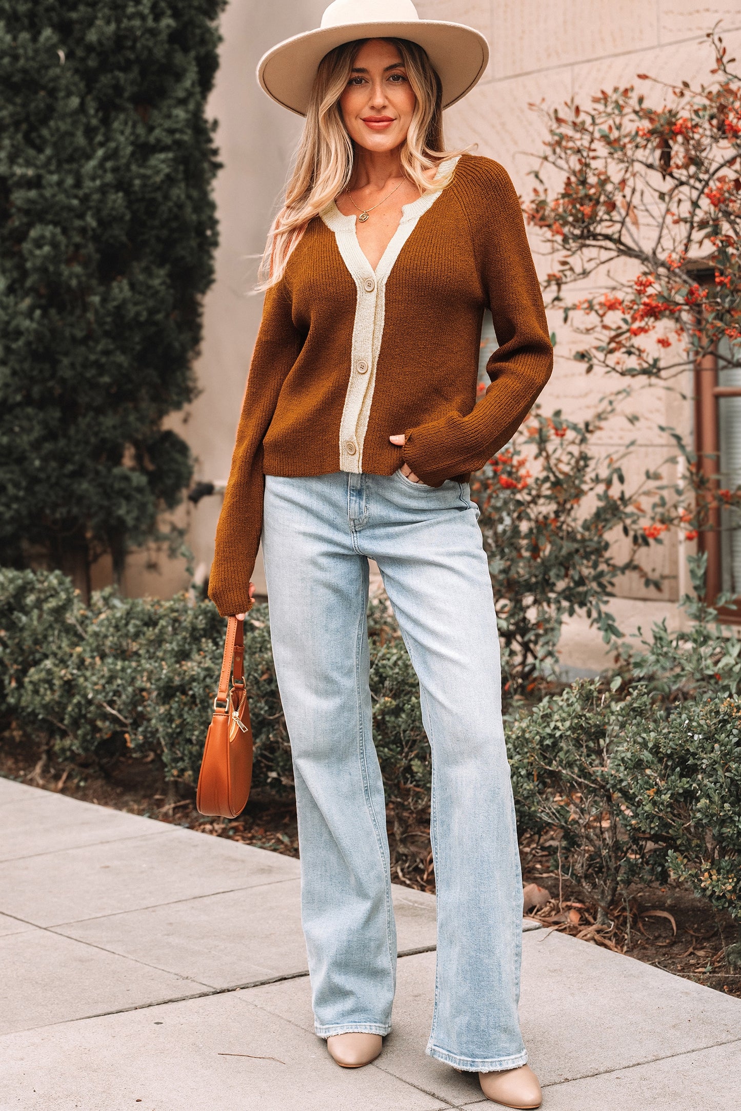 Chestnut Contrast-Trim Short Cardigan