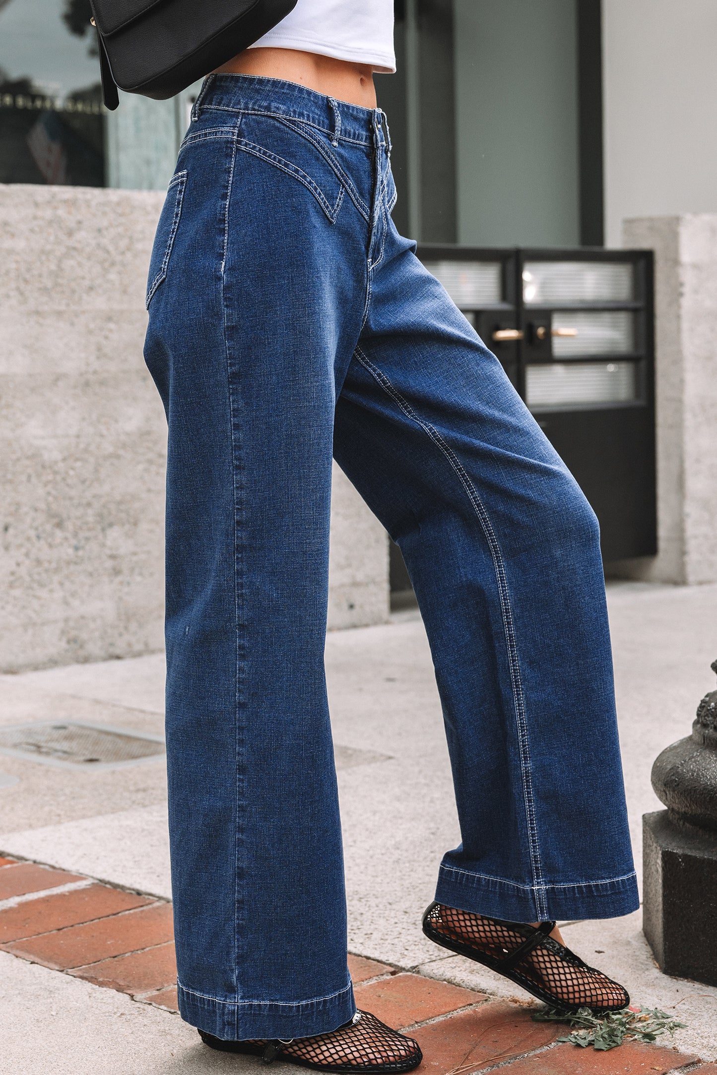 Sail Blue Stitched-Waist Wide-Leg Jeans