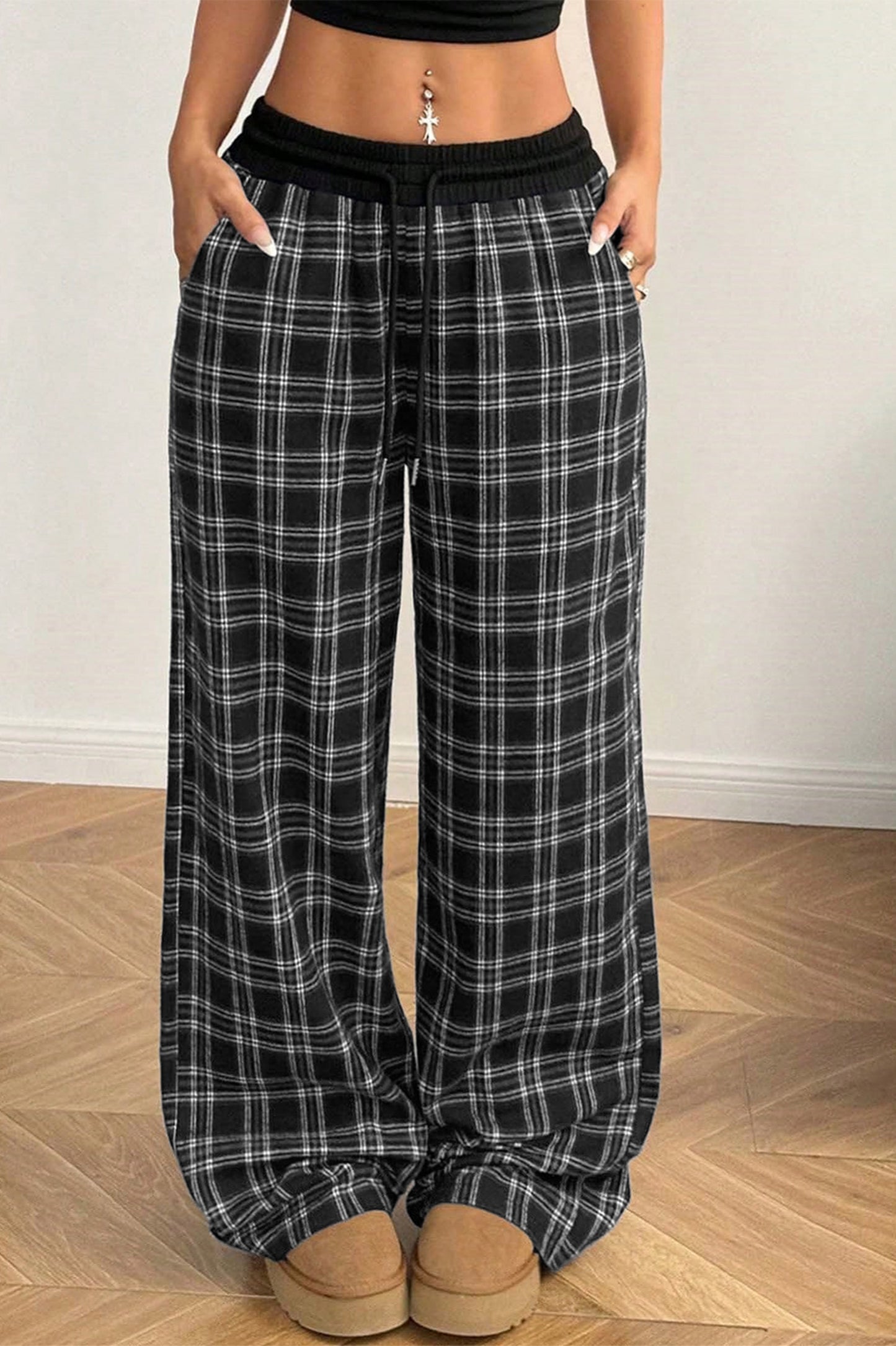 Black Frenchy Plaid Pattern Contrast Drawstring Waist Wide-Leg Pants
