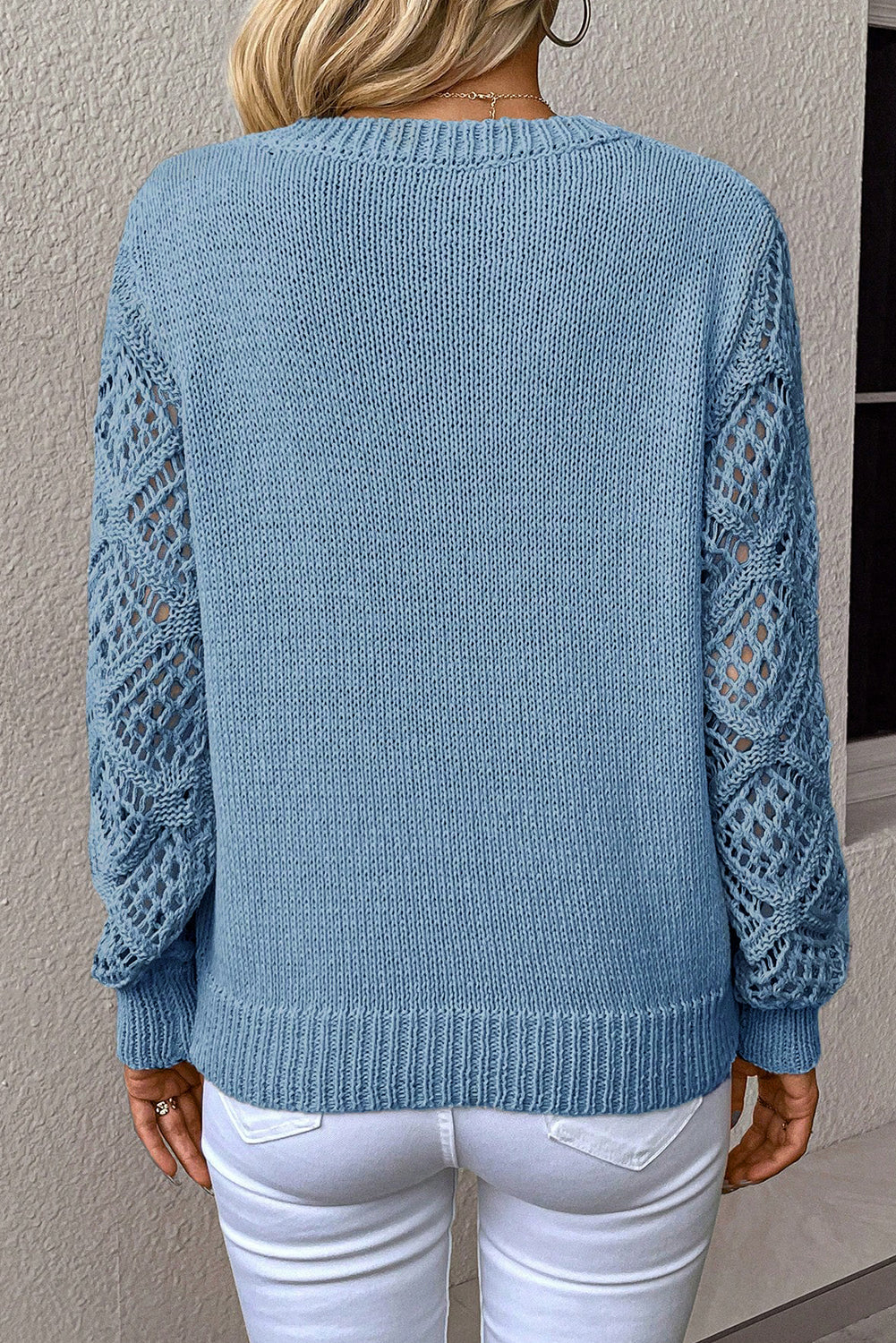 Black Pointelle-Sleeve V-Neck Sweater