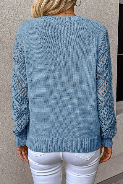 Black Pointelle-Sleeve V-Neck Sweater