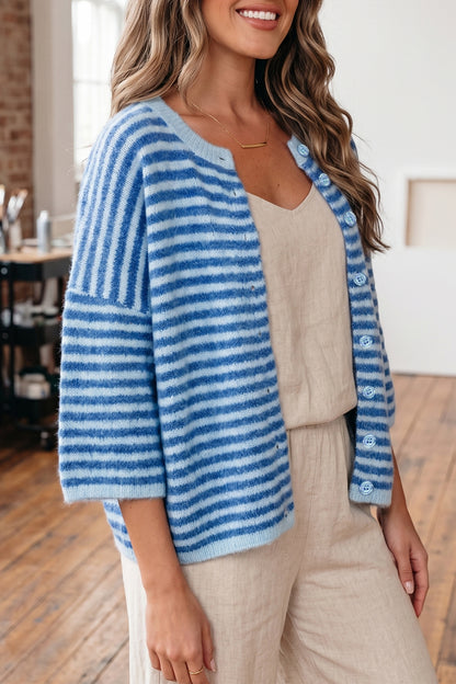 Blue Striped Half-Sleeve Button-Down Cardigan