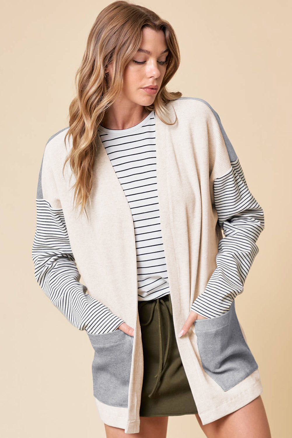 Black Stripe Color-Block Open-Front Cardigan