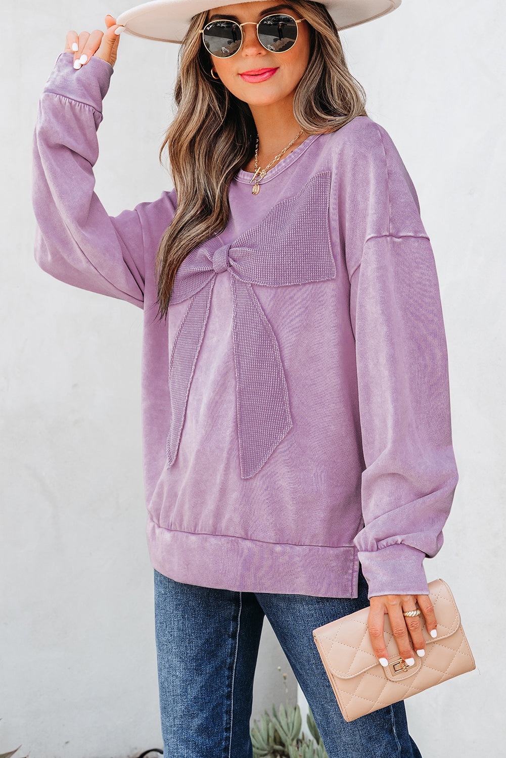 Orchid Bow-Appliqué Washed Sweatshirt