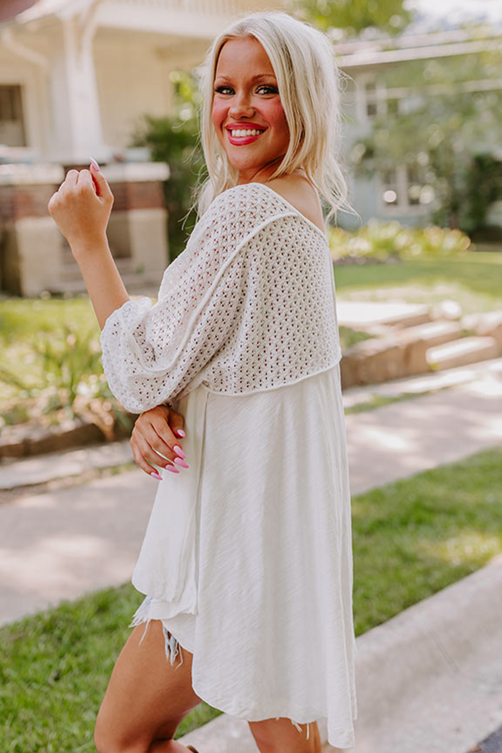White Eyelet Patchwork Oversized V-Neck Blouse
