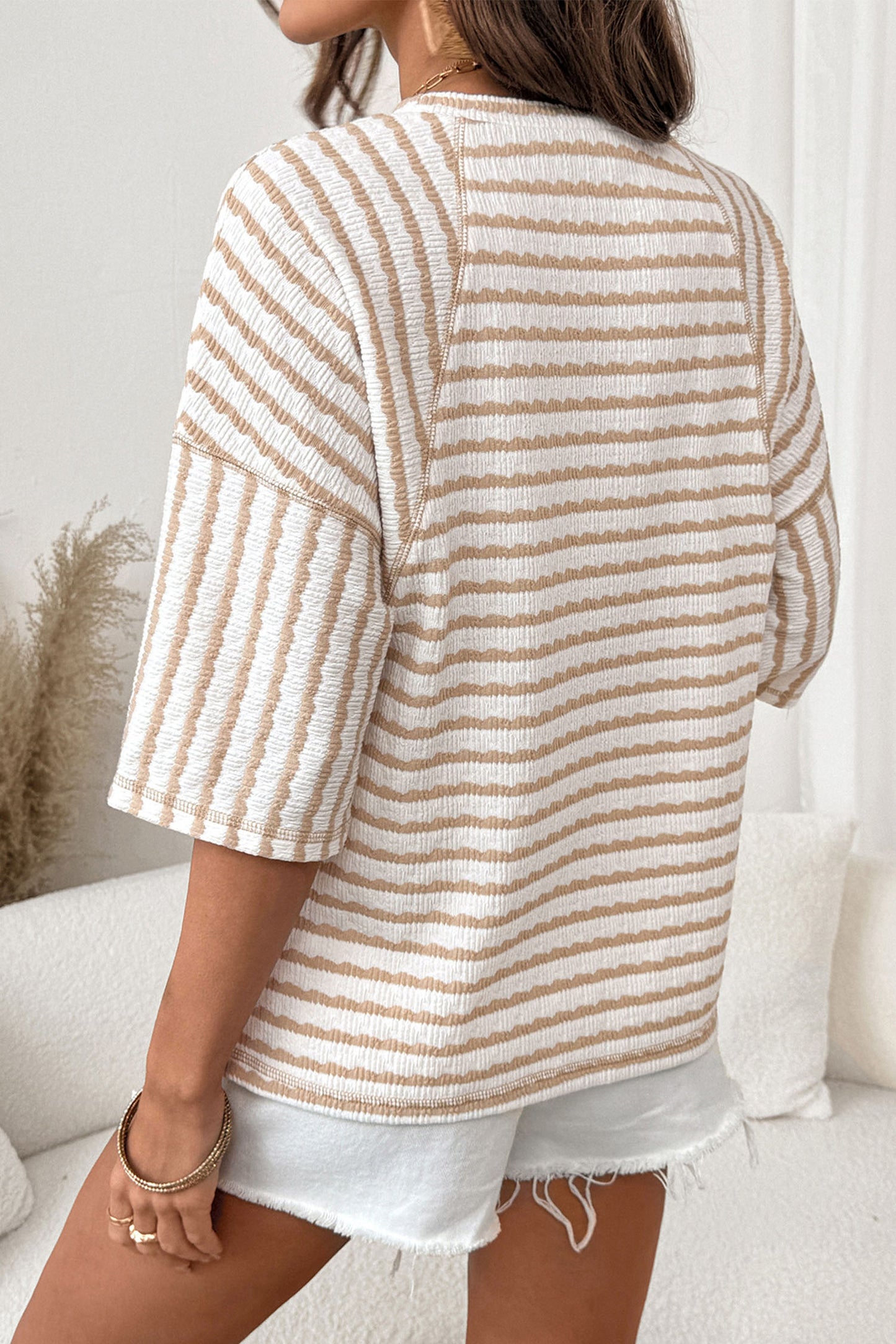 Pink Stripe Textured Knit Split Hem Half-Sleeve Loose Top
