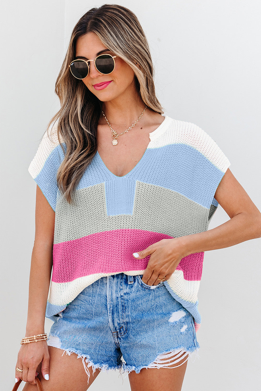Light Blue Color-Block Notch-Neck Knit Top