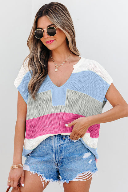Light Blue Color-Block Notch-Neck Knit Top