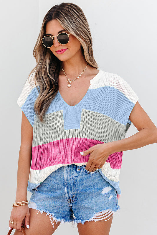 Light Blue Color-Block Notch-Neck Knit Top