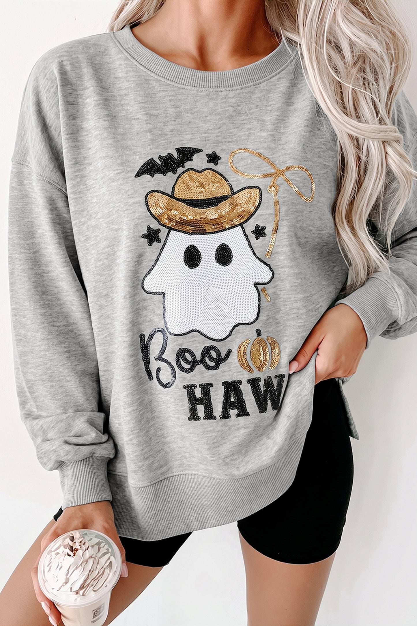 Gray Sequin Ghost Graphic Sweatshirt