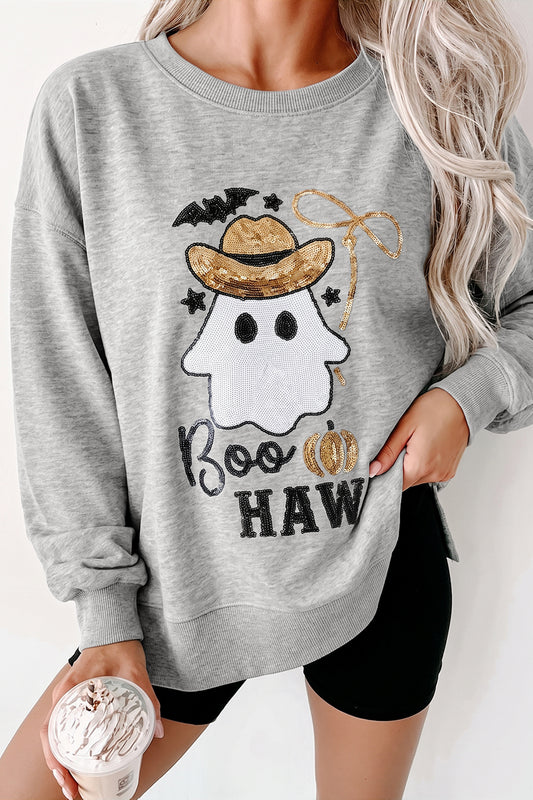 Gray Sequin Ghost Graphic Sweatshirt