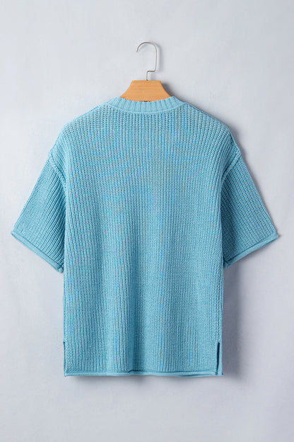Mist Blue Exposed Seam Detail Half-Sleeve Loose Sweater