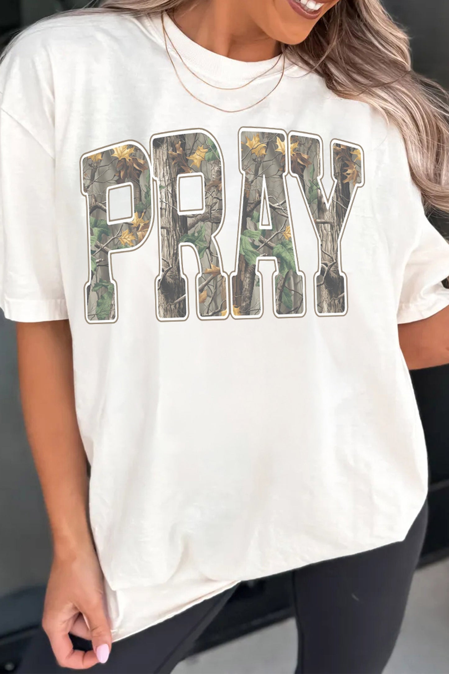 White PRAY Camo Letter Print Casual Round-Neck T-Shirt