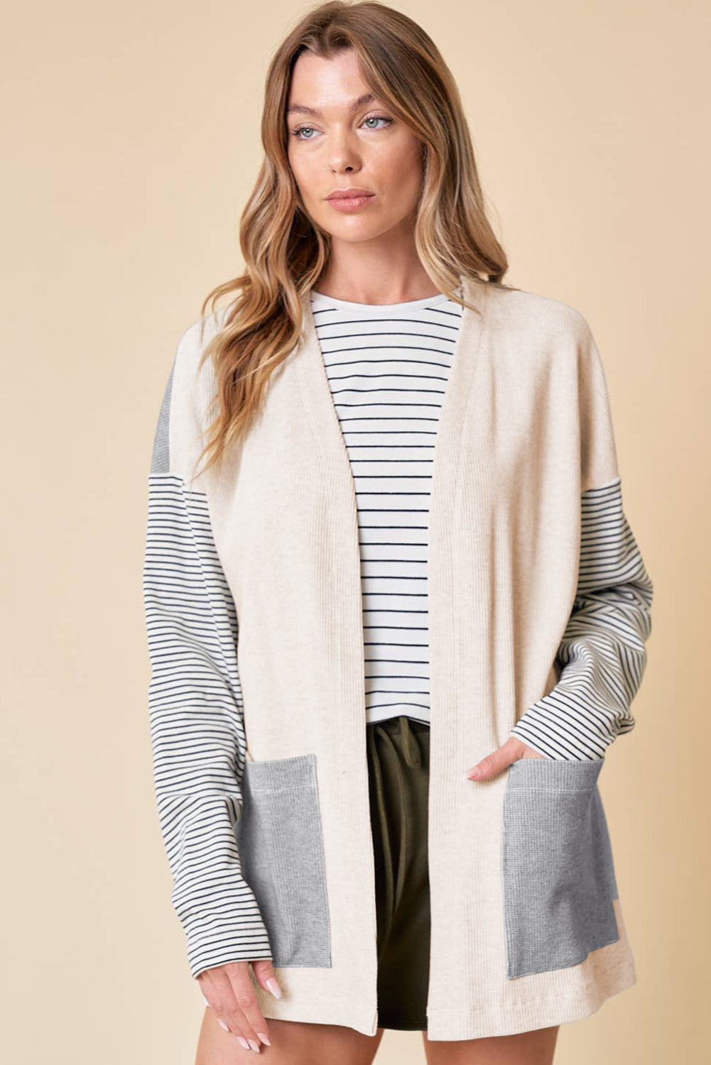 Black Stripe Color-Block Open-Front Cardigan