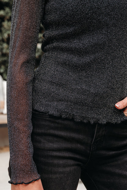Black Glitter Mesh Long-Sleeve Top