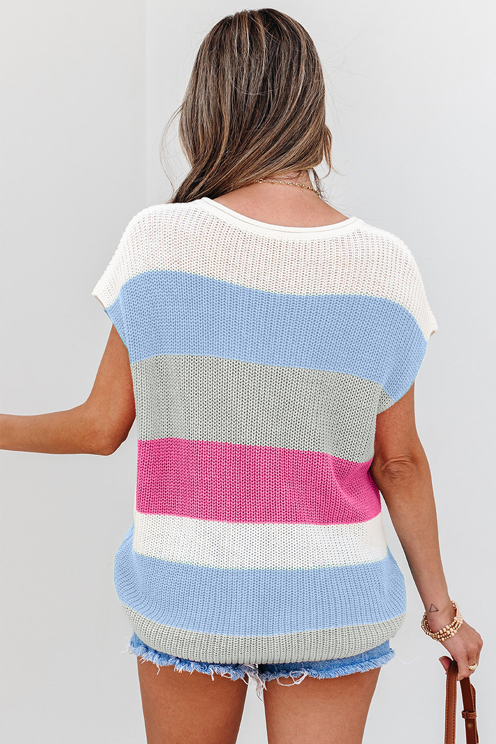 Light Blue Color-Block Notch-Neck Knit Top